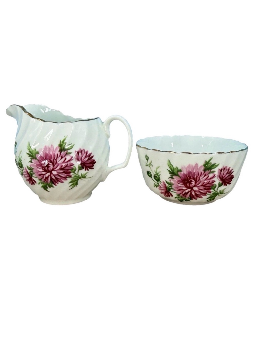 VTG Adderley Fine Bone China Creamer & Sugar Bowl Set Pink Mums Cottagecore ENG